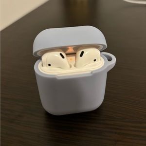 Apple air pods. Working great with gentle wear. Free silicone case.